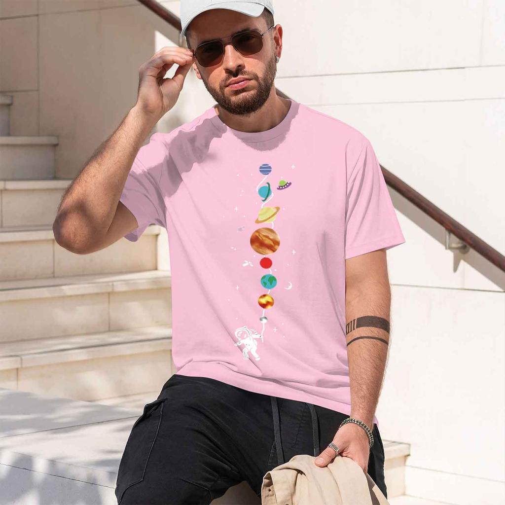 2026 New Model Unisexs 100 Pure Cotton Summer Loose Size Astronaut Planet Pattern Print Casual Comfortable Round Neck Short Sleev