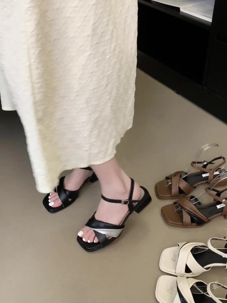 Fashion Comfort Shoes for Women Female Sandal Clear Heels 2025 Summer Buckle Strap Girls Beige Fashion Low New Block Scandals Solid Micr