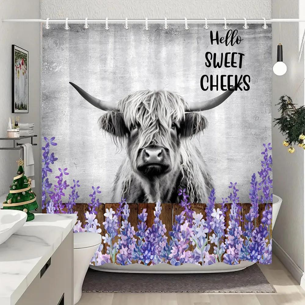 Funny Highland Cow In Bathtub Shower Curtain Green Plants Eucalyptus Leaves Sunflower Lavender Shower Curtains Bathroom Decor