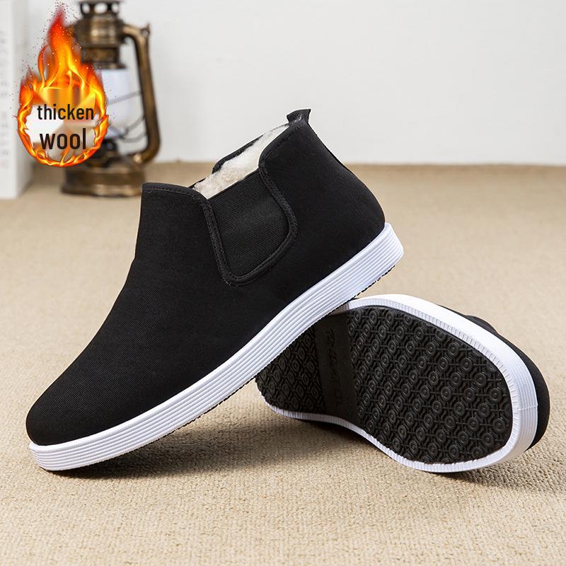 Men's Black High-Top Cloth Shoes - Rubber Sole, Cotton, Dustproof, Wear-Resistant, Breathable, Slip-On