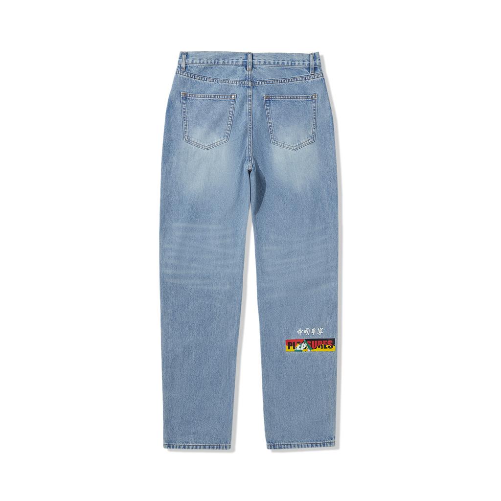 Li Ning X Pleasures Collaboration Skateboard Series Straight Leg Washed Zipper Letter Denim Pants Men Bottoms Light-Blue-Denim AJQU185-1