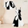 Women Plus Size Two Piece Dress Set Black White Geometric Printed Batwing Sleeve Cropped Shrug Strappy Flared Dress