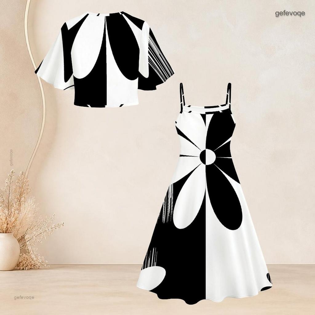 Women Plus Size Two Piece Dress Set Black White Geometric Printed Batwing Sleeve Cropped Shrug Strappy Flared Dress