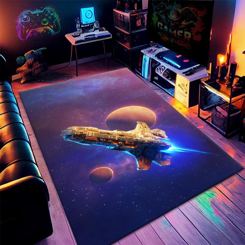 Spacecraft Printed Carpet Gaming Area Rug Kids Game Room Anti-slip Game Mat 3D Science Fiction Home Decoration for Living Room