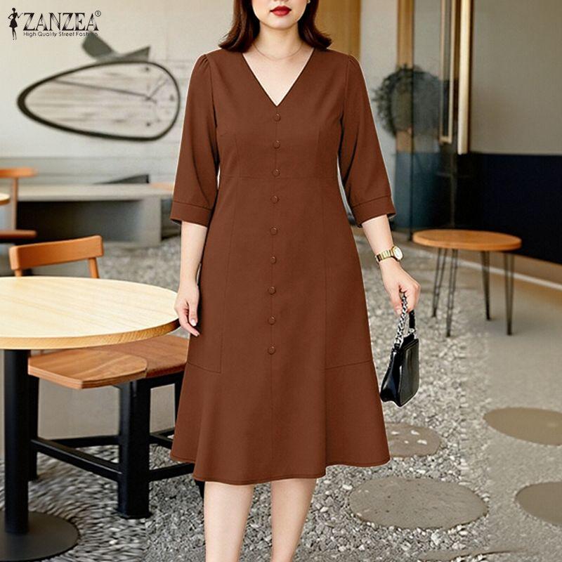 ZANZEA Women Casual V-Neck Solid Color Short Sleeve A-line Dress