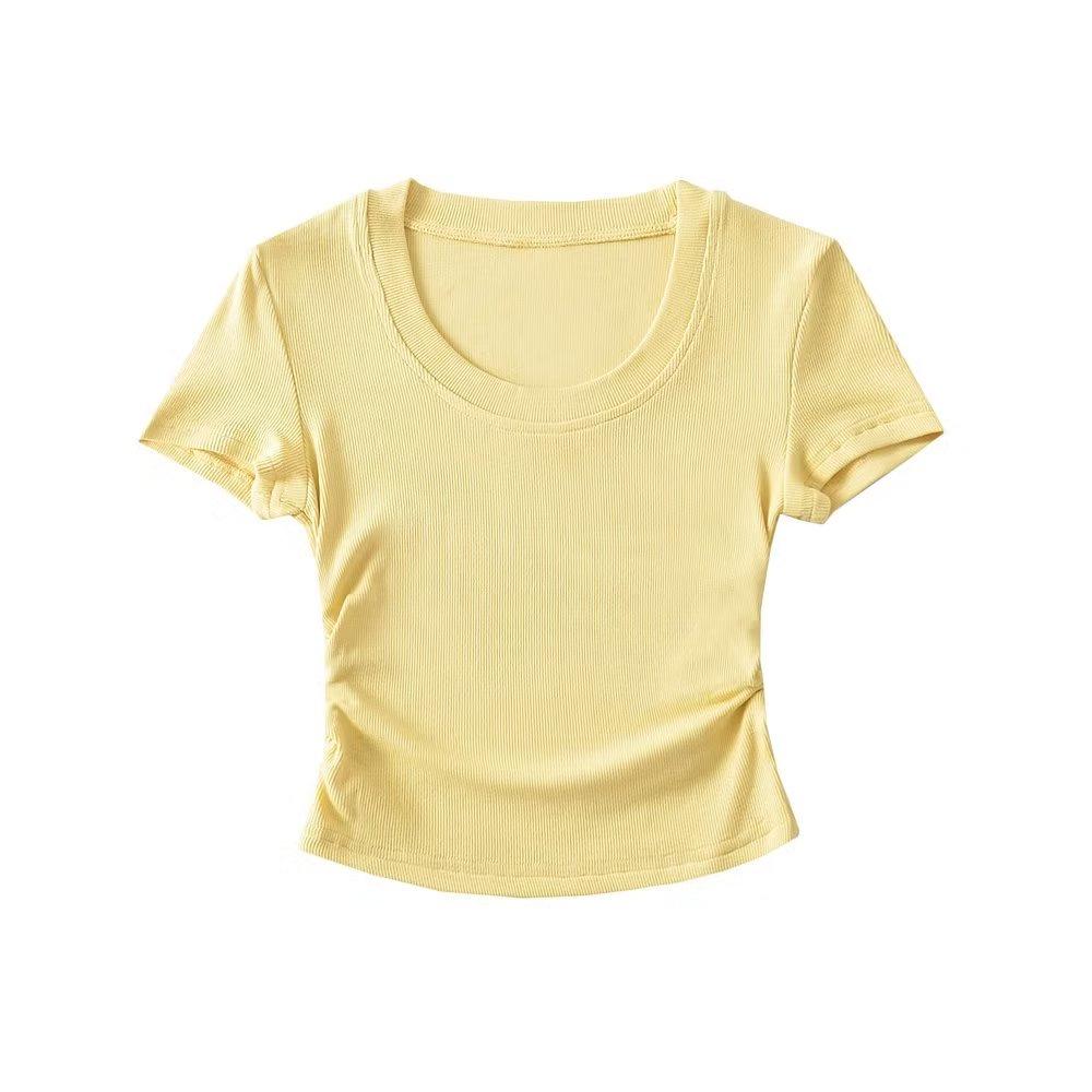 Trendy Women's Round Neck Short Sleeve Side Ruched Bodycon Crop Top