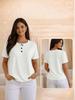 Plus Size Women's Solid Round Neck Short Sleeve Casual Top with Button Detail