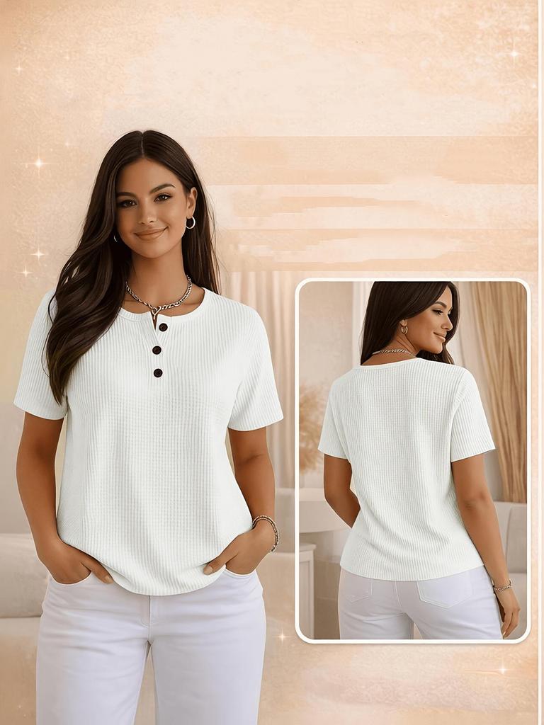 Plus Size Women's Solid Round Neck Short Sleeve Casual Top with Button Detail