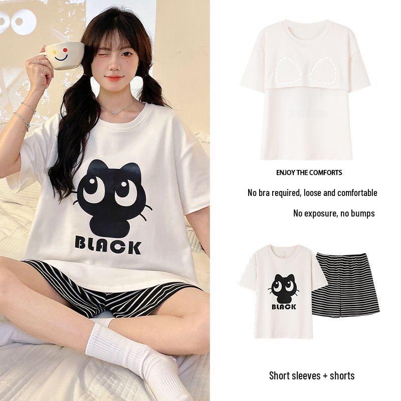 Korean Style Women's Cartoon Pajamas Set with Built-in Bra - Short-Sleeved, Loose, Plus Size, Summer Homewear