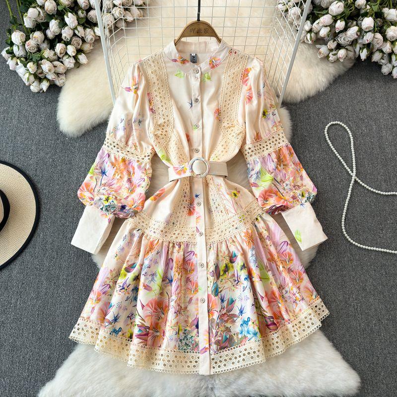 

Spring & Fall Vintage Court Style Lantern Long Sleeve Stand-up Collar Cinched Slim Looking Lace Patchwork a Word Positioning Print Dress Khaki L