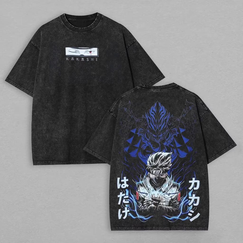 Kakashi Hatake T Shirt Susanoo Chidori Vintage Acid Wash Streetwear New Naruto Retro Anime Graphic Men Tee Cotton