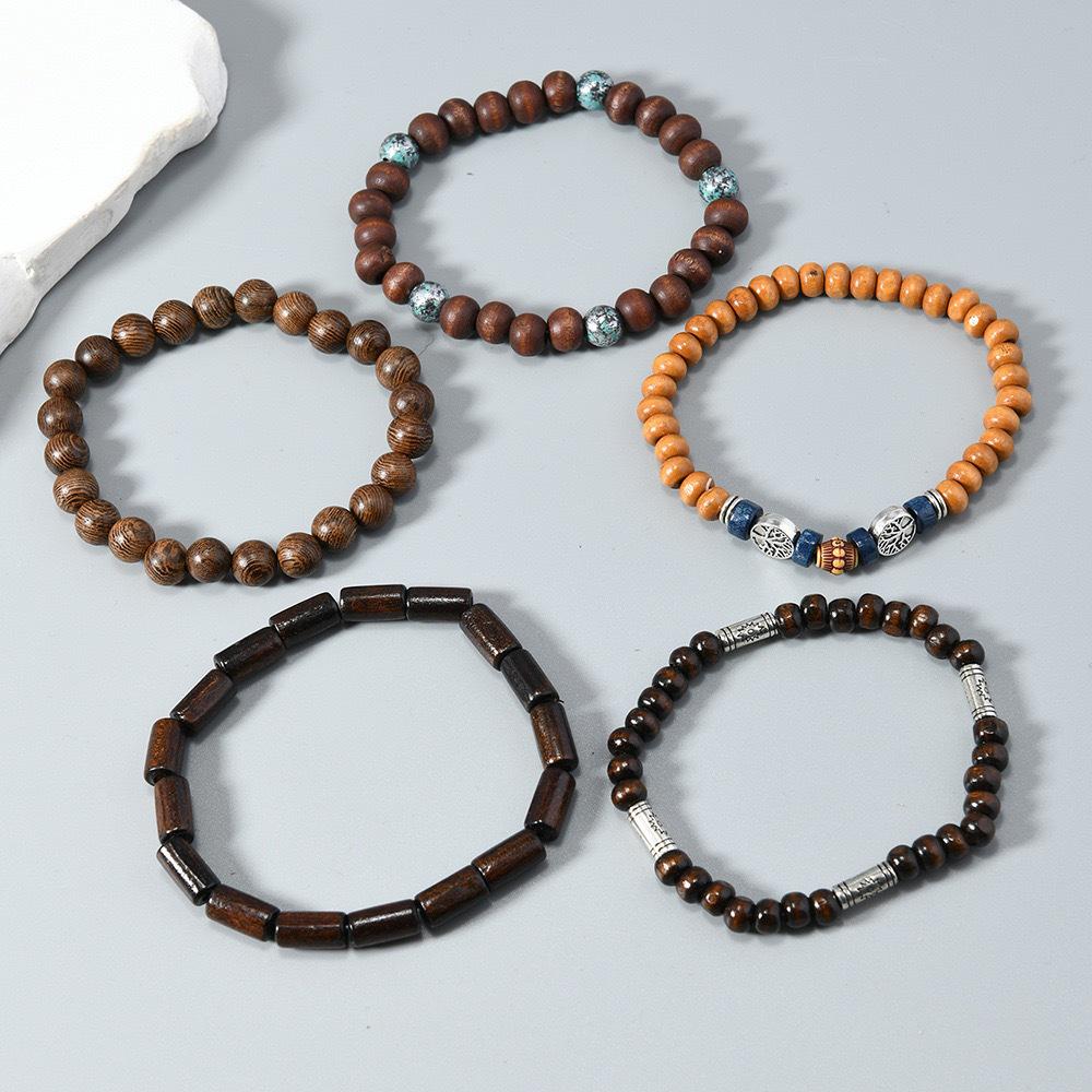 Bohemian Style Handmade Beaded Tree of Peace Bracelet Set - 5-Piece Elastic Cord Men's Wooden Beads