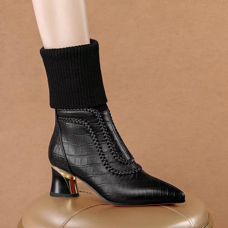 New winter wool middle boots thick heel pointed women's fashion high-end socks boots short boots women's middle heel