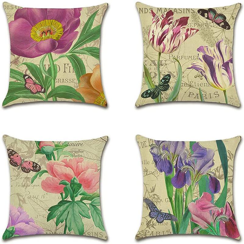 Retro Plant Floral Print Linen Pillow Case Home Living Room Sofa Car Cushion Pillow