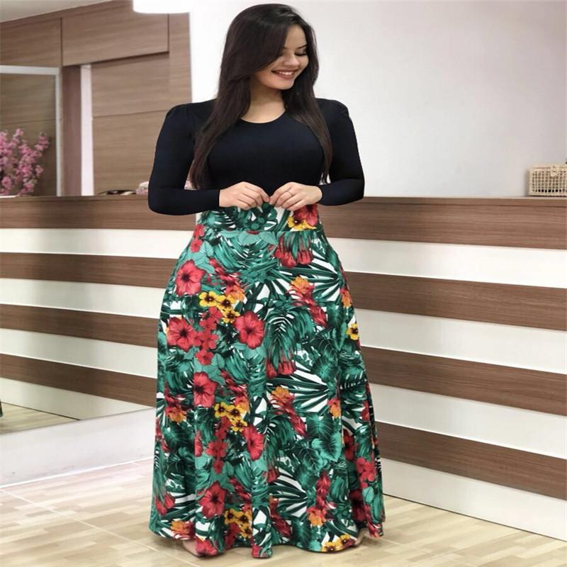 Explosiver Stil Blumenmuster Farbkombination Kurzarm Große Größe Kleid Damen