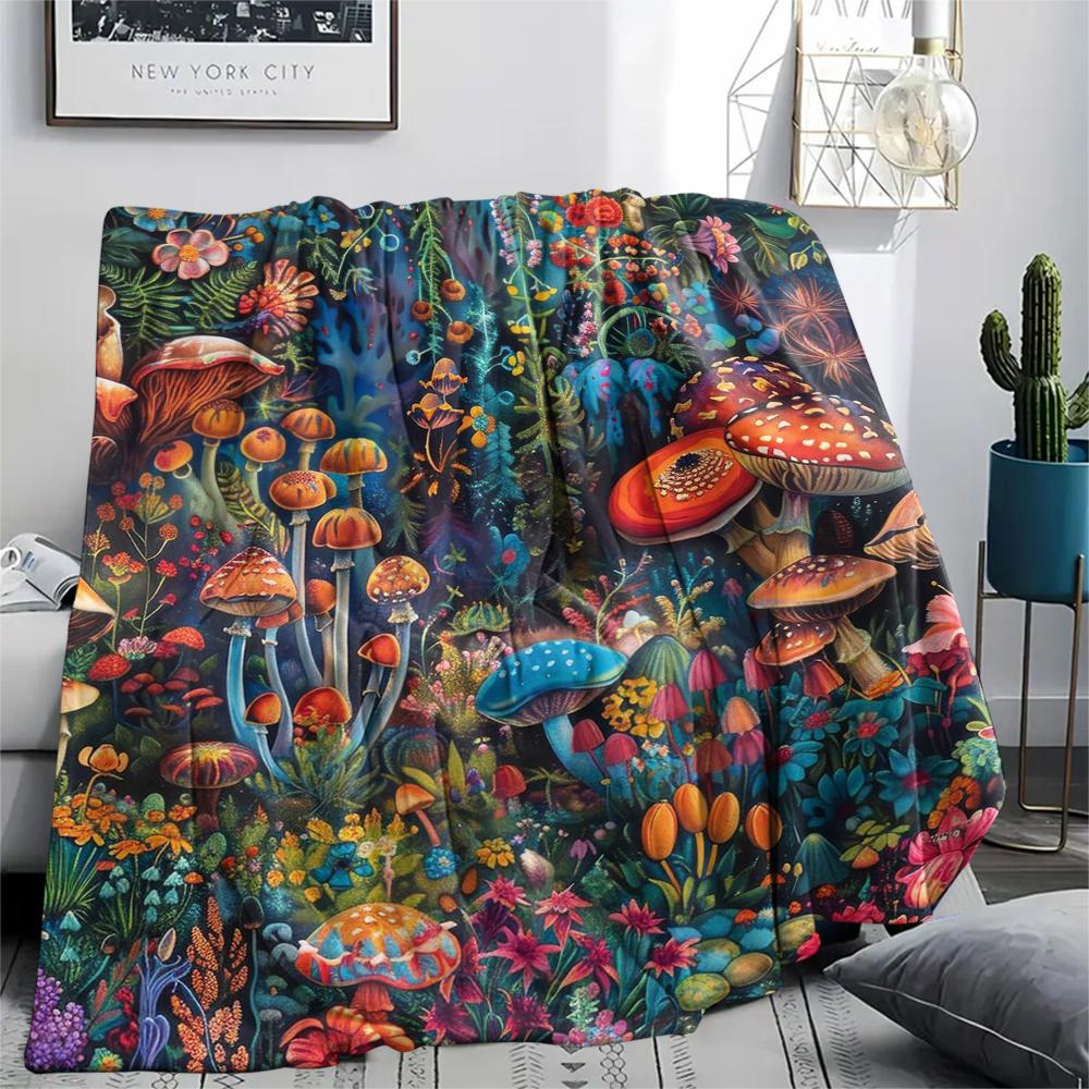 1Pc Dreamy Exotic Mushroom Print Flannel Blanket, High quality Comfortable for All Seasons, Home Decor, Warmth and Comfort, Perfect for Gifts