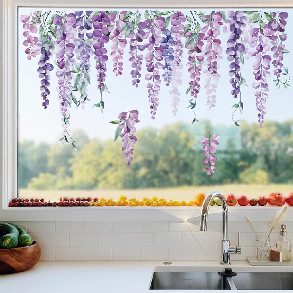 decalmile Purple Hanging Vine Double Sided Window Clings Wisteria Flower Leaf Window Decals Anti-Collision Glass Doors Window Stickers