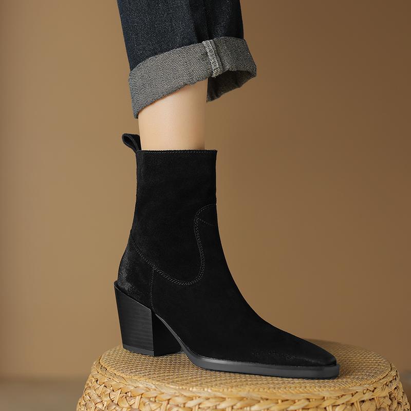 2024 New Real Cow Leather Suede Western Ankle Boots Women Point Toe Kitten Heels Short Boots Winter Cowboy Knight Boots Woman