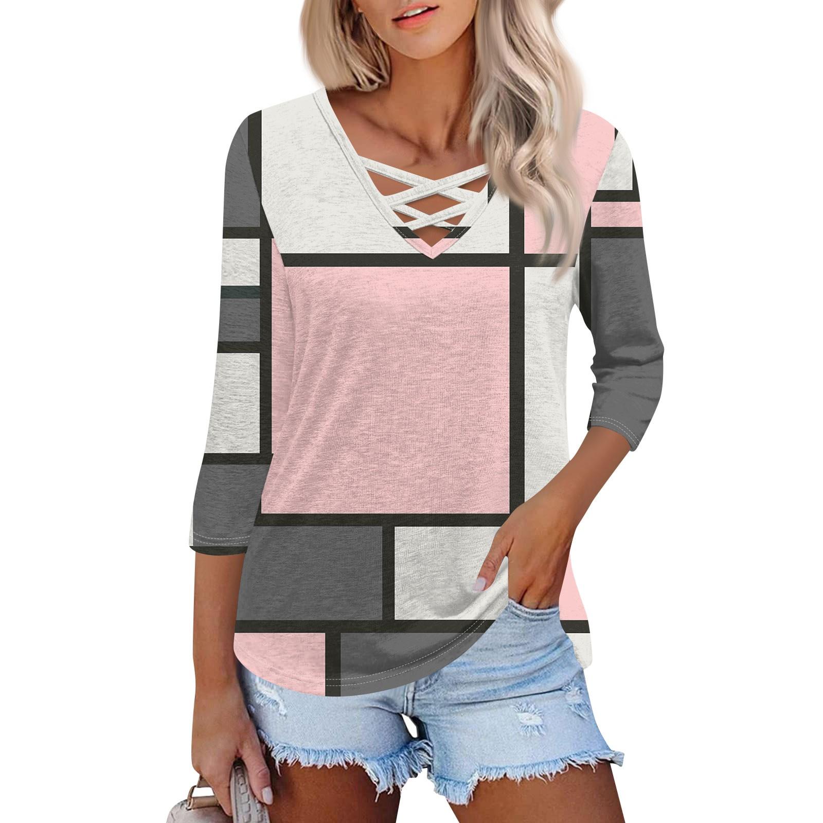 

Женская модная свободная футболка с перекрестным V-образным вырезом и семью рукавами, повседневный топ с принтом XXL розовый