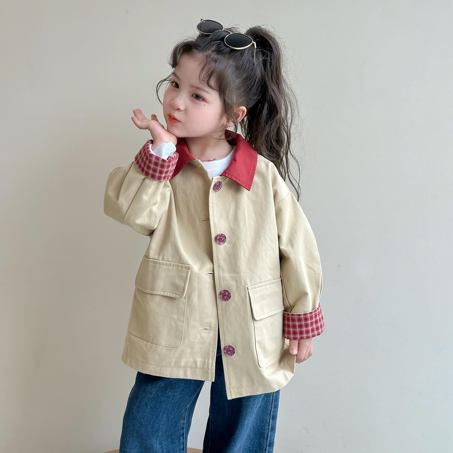 

2025 Girls Plaid Trench Coat – Spring/Autumn Fashion in Korean Style for Kids 100cm хаки