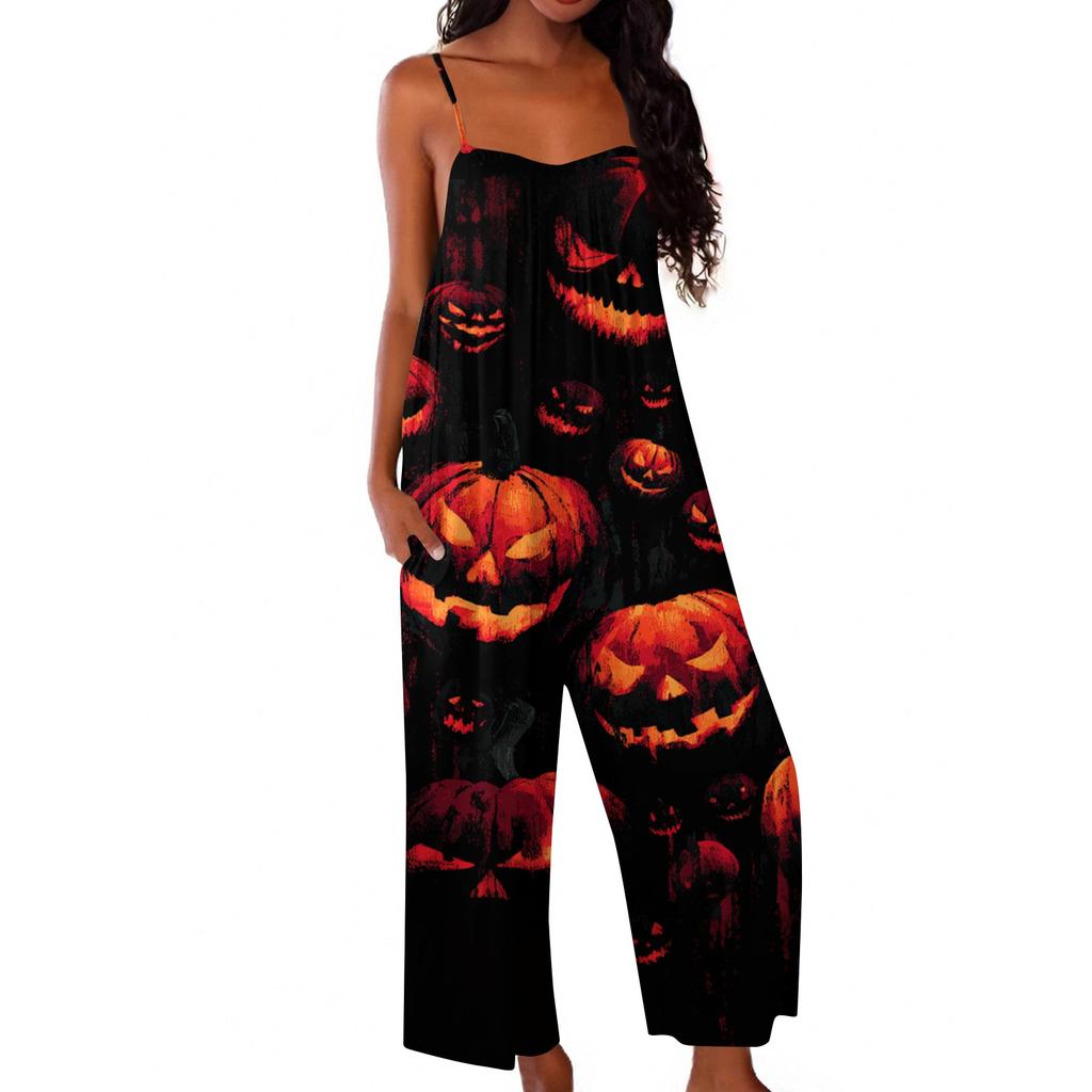 Womens Halloween Print Casual Loose Fit Jumpsuit Spaghetti Strap Wide Leg Romper One Piece Outfit for Everyday Wear