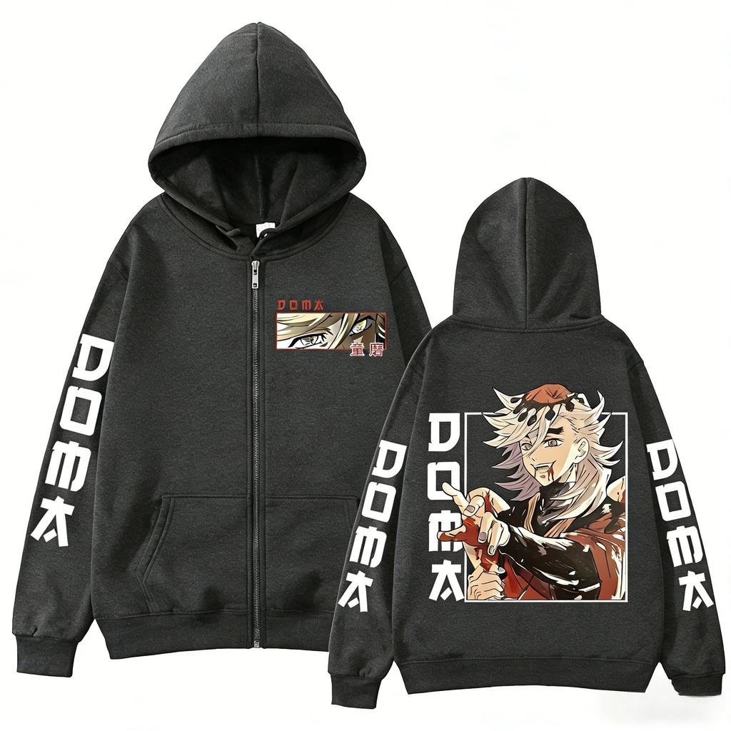 Unisex Anime Demon Slayer Doma Graphic Hoodie Zip Up Jacket Streetwear Oversized Print Long Sleeve Casual Gothic Fashion