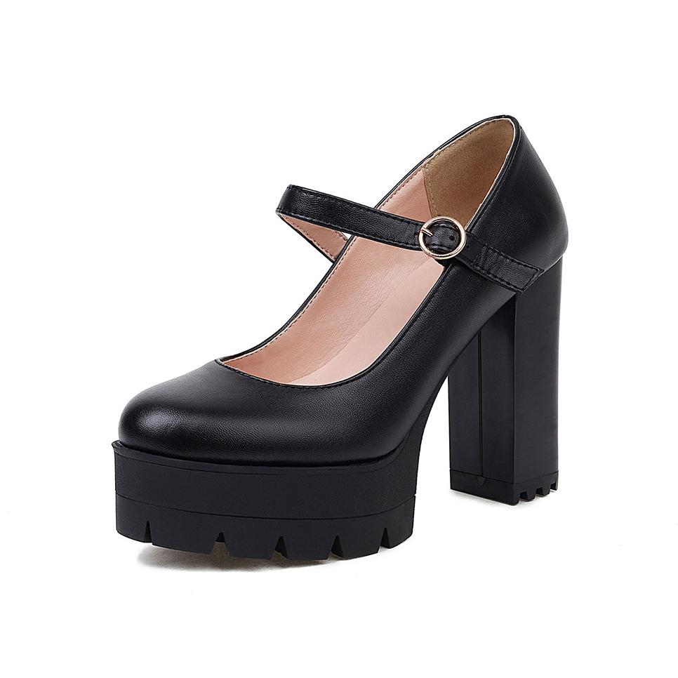 Fashion Spring Autumn Women Pumps Mary-Jane Platform Black Beige Chunky 10.5CM High Heels Ankle Strap Dress Party Hoof Heel Plus Size