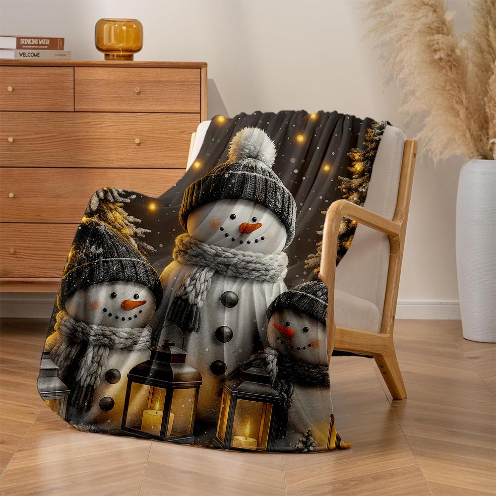 1pc Cozy Snowman Family Plush Fleece Blanket - Thick Warm Winter Bedspread with Snowmen, Lanterns & Snowflakes, Soft All-Season