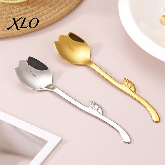 Kitchen Dining Accessory Tulip Shaped Stainless Steel Spoon, Long Handle Coffee Ice Cream Scoop Dessert Serving Spoon with Hanging Hook, Flatware
