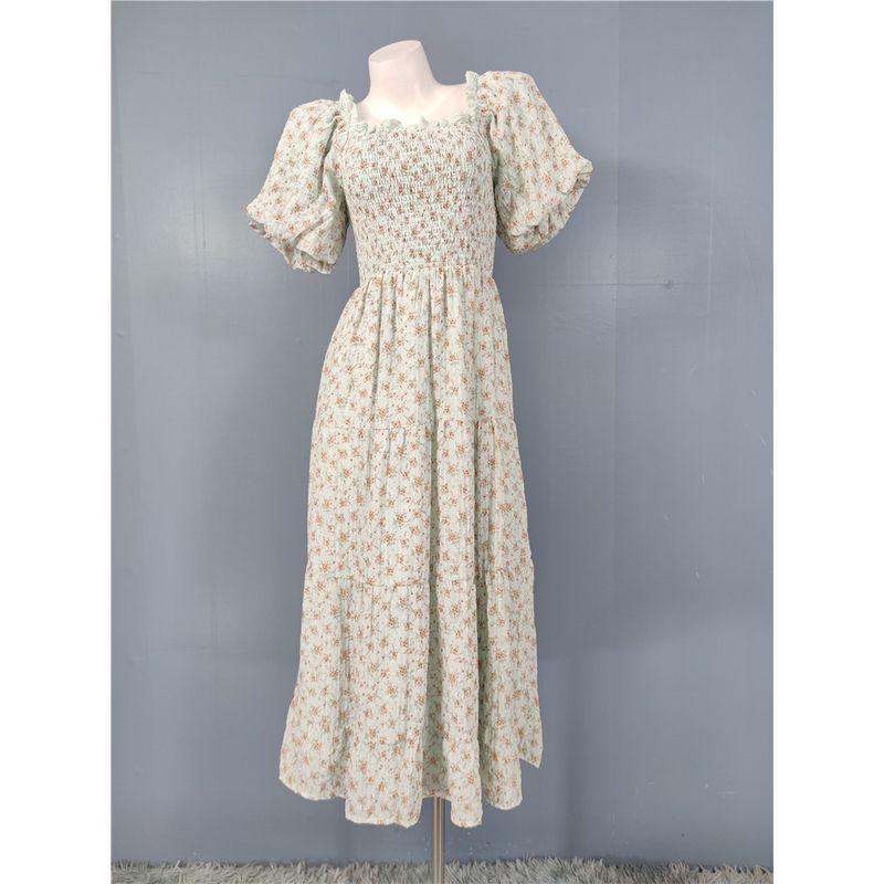 

Foreign Trade Order Summer New Bubble Short sleeve Exquisite Print Attract Wrap-around Ladies Elegant Vacation Leisure Dress Light green L