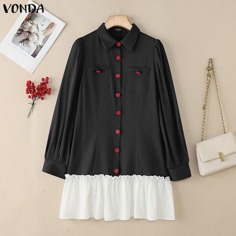 VONDA Women Casual Round Neck Puff Sleeve Patchwork Ruffled Hem Mini Dress