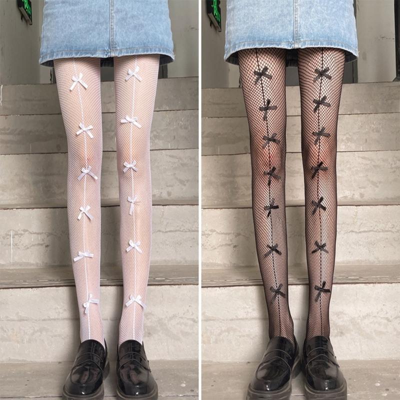 Women's Bows Fishnet Tights Stockings Cosplay Fishnets Socks High Waist Stockings Bows Tie Designs Fish Net Pantyhose