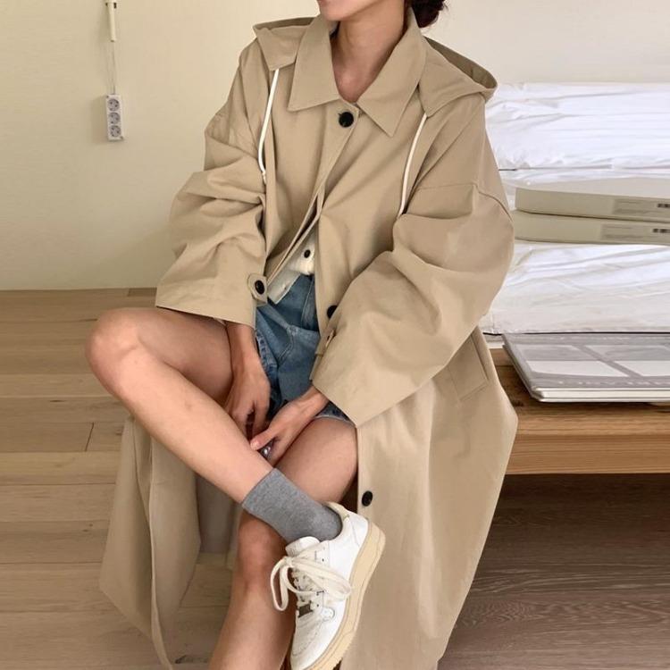 Korean Vintage Fashion Overcoat Loose Fit Single Breasted Long Coat with Detachable Hood Autumn Winter Women Outerwear Retro Long Sleeve New