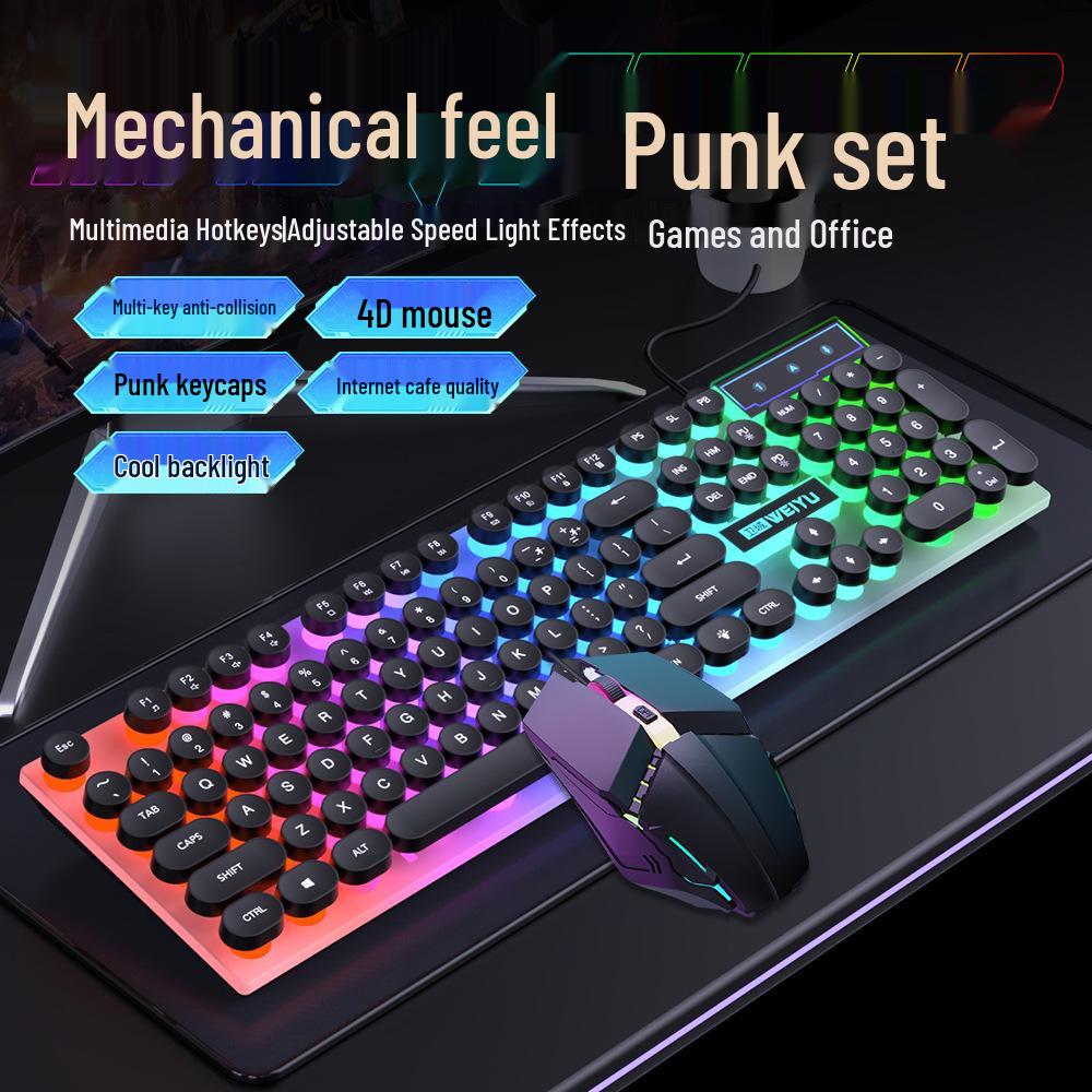 Retro Punk Luminous Wired Keyboard & Mouse Set for Gaming and Office Use