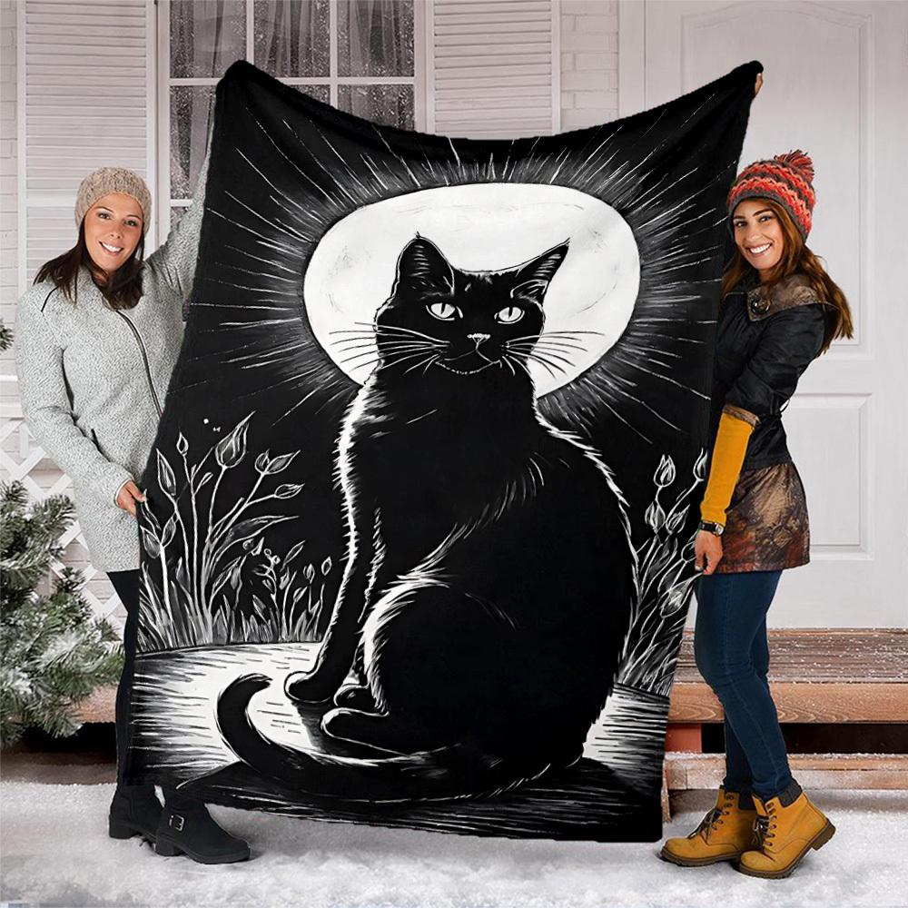 1pc Moonlit Cat Throw Blanket Polyester Fiber, Lightweight Flannel, Soft & Warm, All Season Use for Outdoor, Camping Digital Print