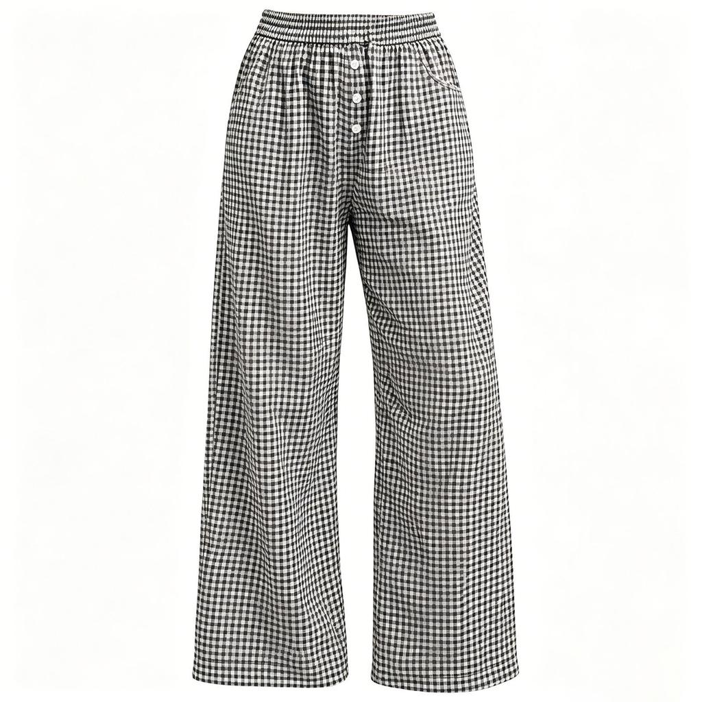 Women's Loose Fit Wide Leg Pants with Elastic Waist and Button Pockets Plaid Print Casual Trousers