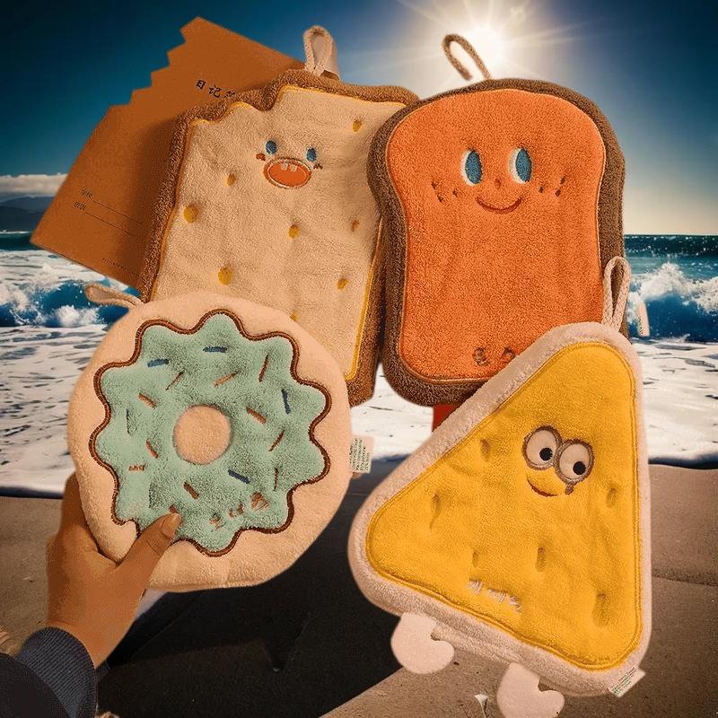 Cheese Coral Velvet Hand Wipes Cute Soft Absorbent Towel Kitchen Bathroom Bread Toast Slices Cookie Doughnut Hand Wipes