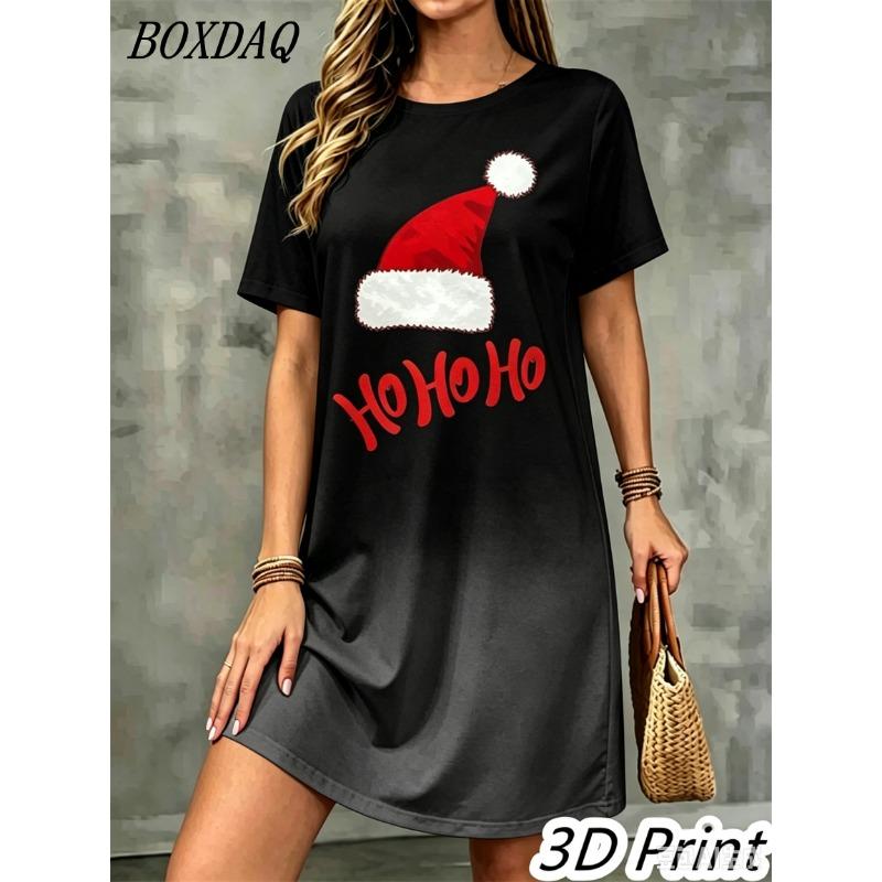 Fashion Elegant Christmas Printed Dress For Women Short Sleeve O-Neck Christmas Hat Letter Pattern Loose Mini Dress Casual Robe