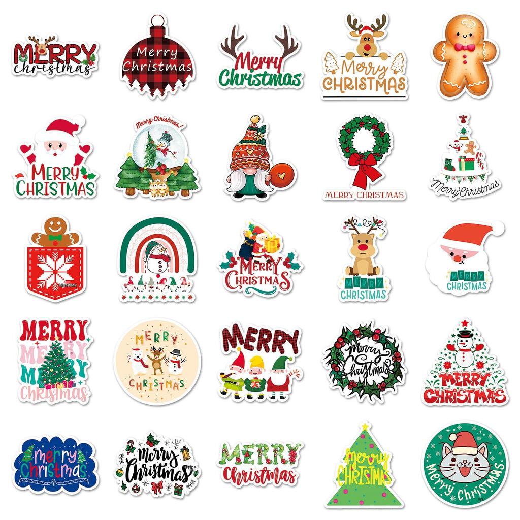 50 Christmas Cartoon Waterproof Stickers for Greeting Cards & DIY Journals
