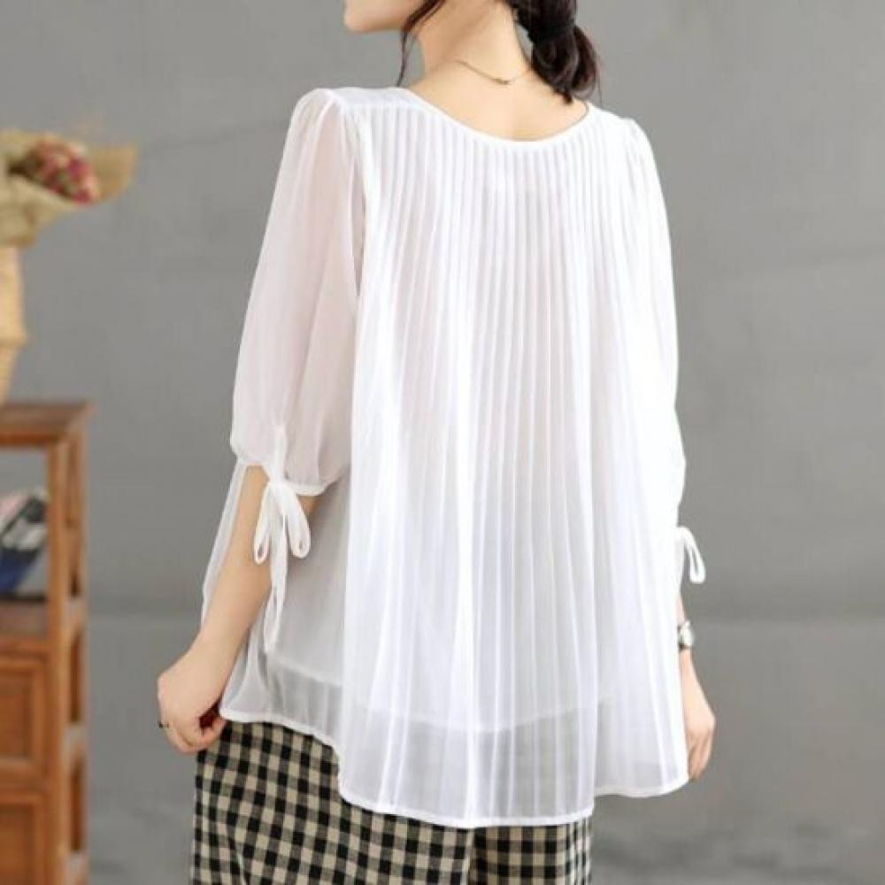 Navava Women Daily Loose Fit Shirring Ribbon 5 Sleeve Blouse Nb3173