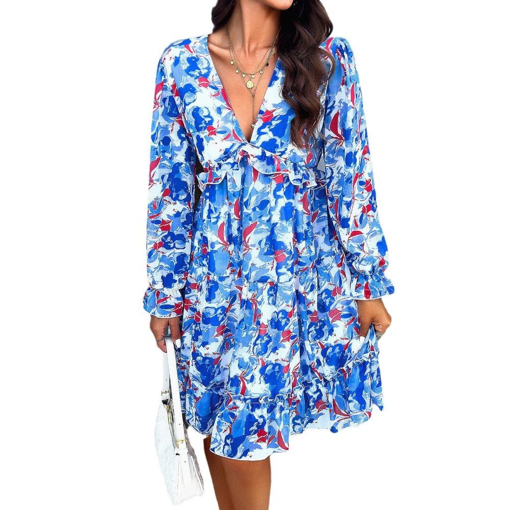 Spring and Summer Elegant Printed V-neck Long-sleeved Dress