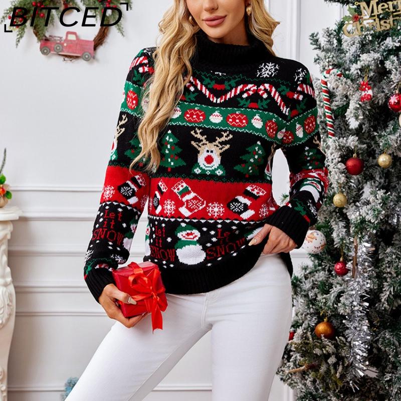 BITCED Women's Long-Sleeve High-Neck Sweater Fall/Winter Pullover Snowman Christmas Sweater