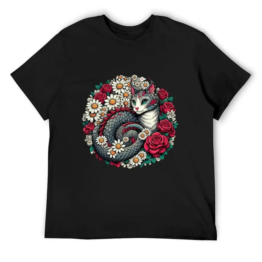 Fantasy dragon with daisies and roses T-Shirt animal prinfor boys vintage summer tops men clothing