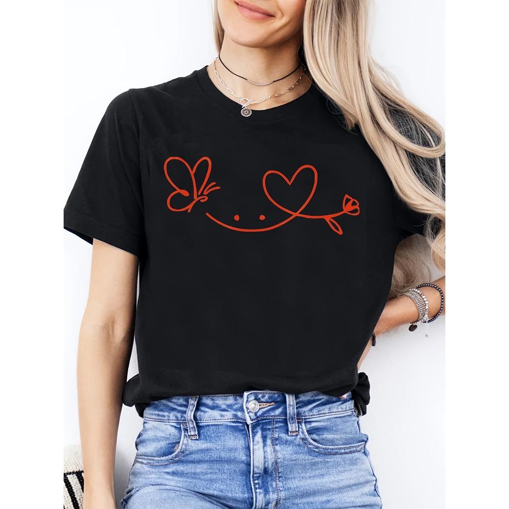 

Valentine s Day Women s Casual with Heart Butterfly Print Sleeve Round Neck Blouse Romantic Love Design Top for Valentine S