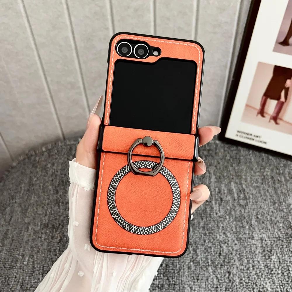 New Frosted Leather Pineapple Texture Ring Holder Magnetic Phone Case for Samsung Galaxy Z Flip 7 6 5 4 3 Wireless Charge Cover