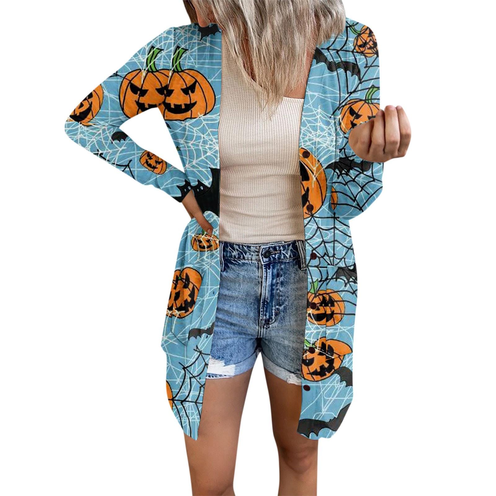 

Женская мода, повседневный кардиган с длинными рукавами и принтом на Хэллоуин, куртка на пуговицах средней длины, пальто XL синий