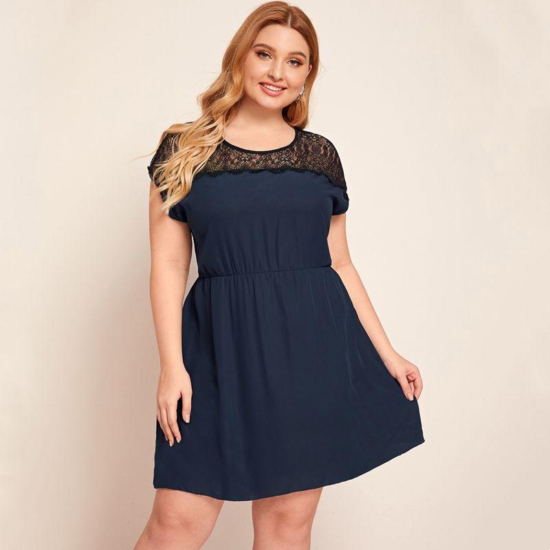 

European and American Style Lace Stitching Princess Style Short-Sleeved Chiffon Dress Blue 4XL