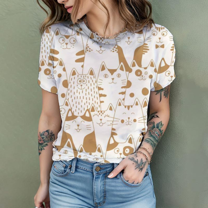 2024 New Fashion Women's T Shirt Cute Cat Printed Short Sleeve Round Neck Fun Pattern T Shirt Summer Home Casual Women's Tops