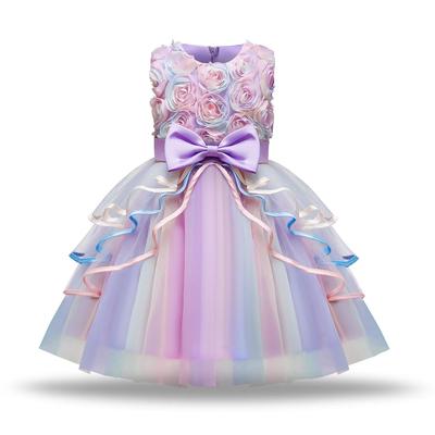 Formal Dress with Tulle Rainbow Floral Print and Perfect for Kindergarten Entrance Piano Ages Light Girls' Skirt, Bow, Ceremonies, Recitals,