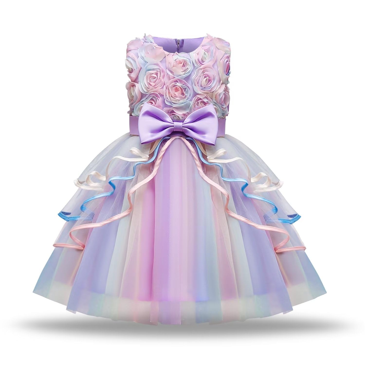 

Kayiyasu Formal Dress with Tulle Rainbow Floral Print and Perfect for Kindergarten Entrance Piano Ages Light Girls Skirt, Bow, Ceremonies, Recitals,